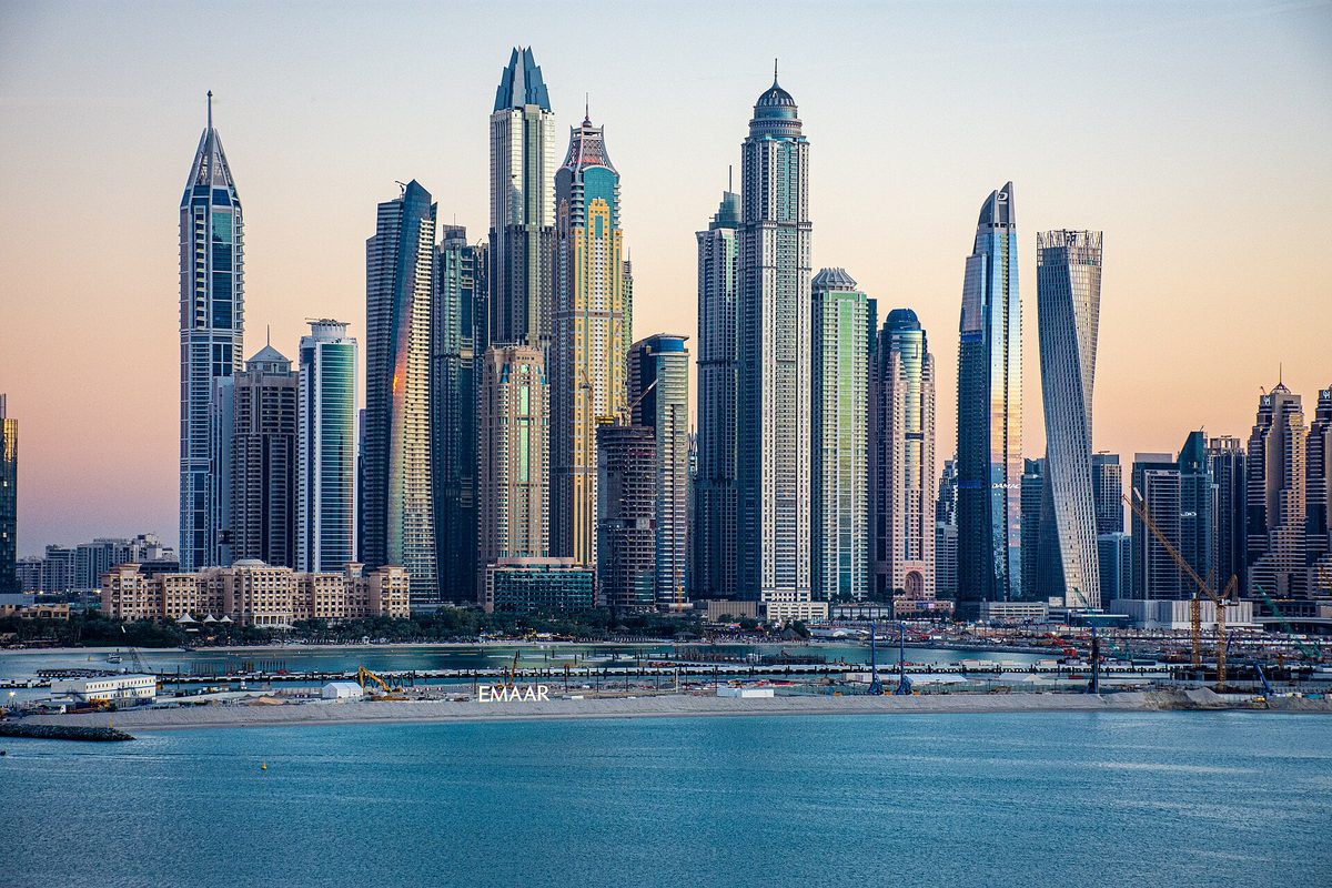 Dubai Marina towers at dusk